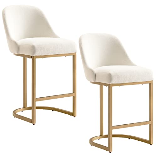 Leick Home 10132GD/WT Barrelback Counter Stool with Metal Base, Set of 2, for Kitchen Counters and Islands, Modern White Linen Seat and Gold Metal Base