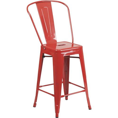 Flash Furniture Commercial Grade 24" High Red Metal Indoor-Outdoor Counter Height Stool with Removable Back