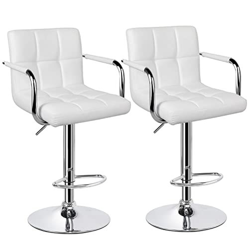 Yaheetech Adjustable Height Bar Stools Swivel Bar Stool Modern PU Leather Armrest Counter/Island High Chairs with Backs Set of 2, White