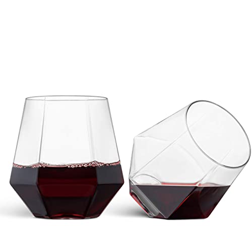Munfix 32 Pack Diamond Shaped Plastic Stemless Wine Glasses Disposable 12 Oz Clear Plastic Wine Whiskey Cups Shatterproof Recyclable and BPA-Free