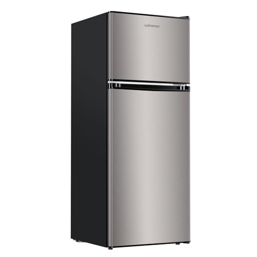Upstreman 4.0 Cu.Ft. Mini Fridge with Freezer, Double Door, Mini Fridge for Office, Dorm, Bedroom, Adjustable Thermostat, Large Capacity, Stainless-SR401