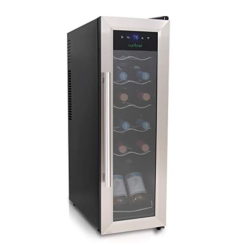 NutriChef PKCWC12 Cooler Refrigerator White And Red Countertop Chiller, Freestanding Compact Mini Wine Fridge with Digital Control, 12 Bottle-Stainless Steel