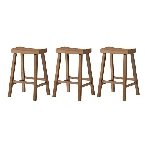 Maven Lane Vincent 26 Inch Tall Counter Height Backless Rectangular Saddle Barstool in Antiqued Natural Finish with Rustic Wood Top Seat, Set of 3