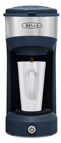 BELLA Dual Brew Single Serve Coffee Maker, K-cup Compatible with Ground Coffee Basket & Adapter - Carefree Auto Shut Off & Adjustable Tray, 14oz, Navy