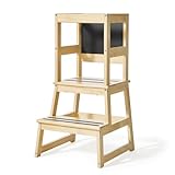 Yojoker Kids Kitchen Step Stool - Toddler Standing Tower, Toddler Kitchen Stool Helper, Montessori Kids Learning Stool with Safety Rail, Anti-Slip Mats and Chalkboard (Natural)
