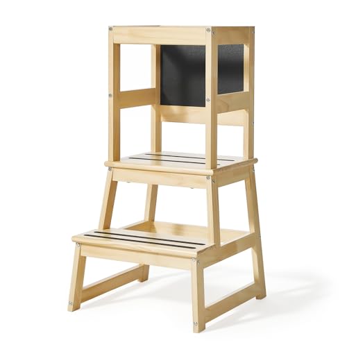 Yojoker Kids Kitchen Step Stool - Toddler Standing Tower, Toddler Kitchen Stool Helper, Montessori Kids Learning Stool with Safety Rail, Anti-Slip Mats and Chalkboard (Natural)