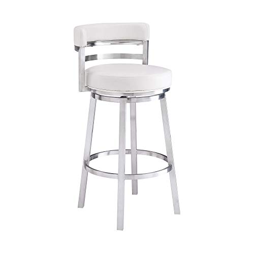 Armen Living Madrid 26" Counter Height Swivel Modern White Faux Leather and Brushed Stainless Steel Bar Stool