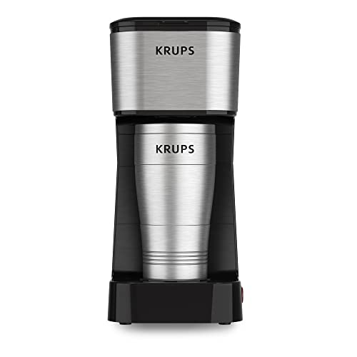Krups Coffee Maker, Simply Brew Stainless Steel Single Serve Drip Coffee Machine and Travel Tumbler 14 Ounce Stainless Steel Tumbler Included 650 Watts Coffee Filter, Compact Silver and Black