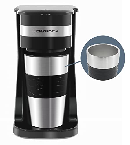 Elite Gourmet EHC111A Personal Single-Serve Compact Coffee Maker Brewer Includes 14Oz. Stainless Steel Interior Thermal Travel Mug, Compatible with Coffee Grounds, Reusable Filter, Black