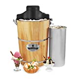 Elite Gourmet Old Fashioned 6 Quart Vintage Wood Bucket Electric Ice Cream Maker Machine Appalachian, Bonus Classic Die-Cast Hand Crank for Churning, Uses Ice and Rock Salt Churns Ice Cream in Minute