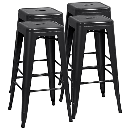 Furmax 30 Inches Metal Bar Stools Bar Height High Backless Stools Indoor Outdoor Stackable Kitchen Stools Set of 4 (Dark Black)