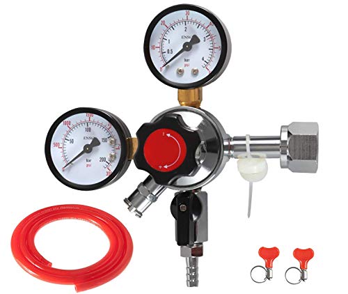 Beer Keg CO2 Regulator CGA320 -Brand LUCKEG Kegerator Regulator with Safety Pressure Relief Valve, Include 5ft Red Gas Line and Worm Clamps for Home Brewing Keg Kegging