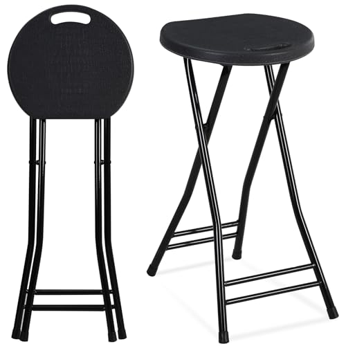 Suzile 2 Pcs 24 Inch Tall Folding Chair Portable Plastic Stool Chair Heavy Duty Foldable Bar Stools with Handle for Adults Kitchen Counter Room Home Camping Indoor Outdoor, 300lbs Capacity (Black)