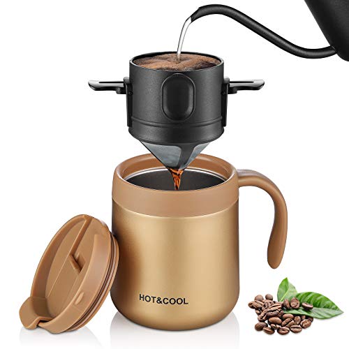 oneisall Stainless Steel Coffee Mug + Collapsible Pour Over Coffee Filter - for Travel Camping Offices Backpacking, Insulate Mug, Paperless Portable Coffee Dripper, Single Serve, 12oz