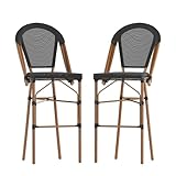 Flash Furniture Marseille Indoor/Outdoor Commercial French Bistro Stacking Bar Stool - Black Textilene Back and Seat - Natural Bamboo Print Metal Frame, 2 Pack