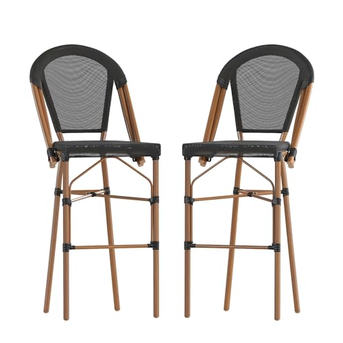 Flash Furniture Marseille Indoor/Outdoor Commercial French Bistro Stacking Bar Stool - Black Textilene Back and Seat - Natural Bamboo Print Metal Frame, 2 Pack
