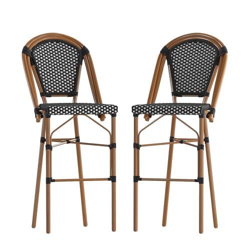 Flash Furniture Bordeaux Commercial Grade French Bistro Bar Height Stool, Stackable Indoor/Outdoor Dining Stool, 30" High, Black/White and Natural Finish