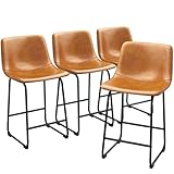 REONEY Bar Stools Set of 4, PU Leather Counter Height Bar Stools, 26" Modern Bar Stools with Metal Legs and Footrest, Urban Armless Dining Chairs with Backrest for Kitchen Island (Brown)