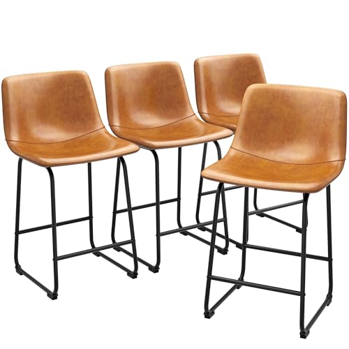 REONEY Bar Stools Set of 4, PU Leather Counter Height Bar Stools, 26" Modern Bar Stools with Metal Legs and Footrest, Urban Armless Dining Chairs with Backrest for Kitchen Island (Brown)
