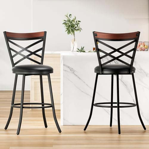 Swivel Bar Stools Set of 2,Mid Century Modern Counter Height Bar Stools,Counter Stools for Kitchen Counter Height Chairs with Back Faux Leather Barstools for Kitchen Island Bar Stools,350lb,Black