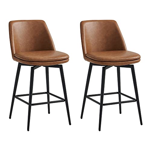 CHITA Counter Height Swivel Barstools, FSC Certified Upholstered Faux Leather Bar Stools Set of 2, Metal Base, 27.2" Seat Height, Saddle Brown