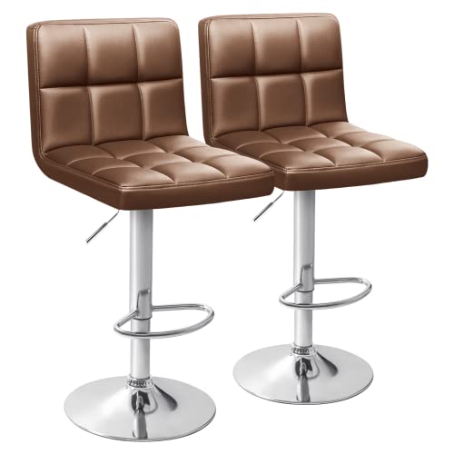 Homall Bar Stools Modern PU Leather Adjustable Swivel Barstools, Armless Hydraulic Kitchen Counter Bar Stool Synthetic Leather Extra Height Square Island Barstool with Back Set of 2(Brown)