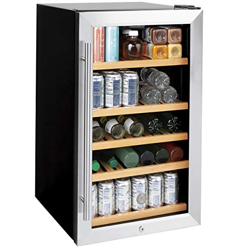 GE Wine Cooler & Beverage Refrigerator | Mini Fridge With Lock & Key Included | Complete With Oak Shelving, Glass Exterior & Warm Interior Lighting | Fits 109 Cans or 31 Wine Bottles | Stainless Steel
