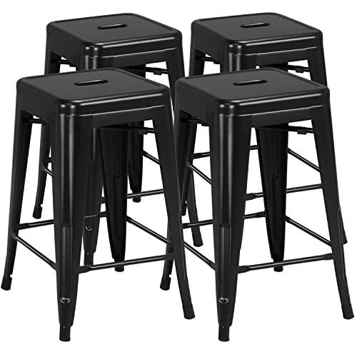 Yaheetech 24 inch barstools Set of 4 Counter Height Metal Bar Stools, Indoor/Outdoor Stackable Bartool Industrial High Backless Stools Black