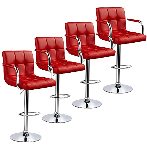 Yaheetech 4pcs Adjustable Counter Bar Stools Bar Chairs Synthetic Leather Modern Design Swivel Barstools Gas Lift Stools for Kitchen Counter, Red
