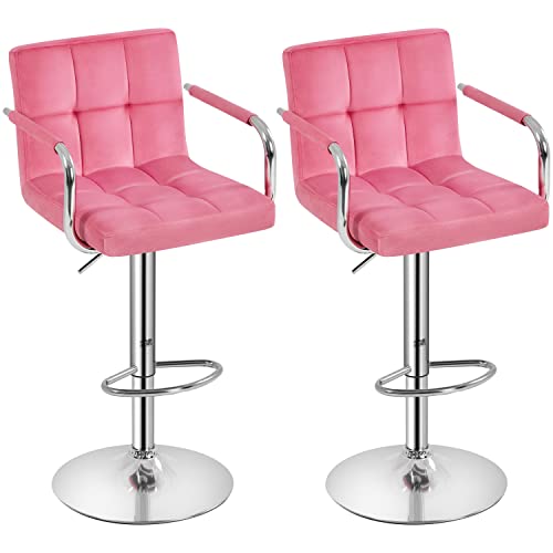 Yaheetech Counter Height Bar Stools Set of 2 Velvet Swivel BarStools for Kitchen Stool Height Adjustable Counter Stool Barstools with Armrest, Velvet, Pink