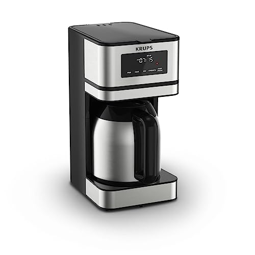 Krups Coffee Maker Simply Brew Stainless Steel and Thermal Carafe 12 Cup Programmable, Customizable, Digital Display, Insulated Coffee Filter, Dishwasher Safe, Drip Free Silver and Black