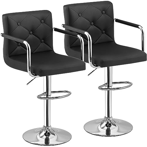 VECELO Bar Stools, Adjustable Bar Stools Set of 2,Swivel PU Leather Counter Height Barstool with Back and Arms for Kitchen/Island, Black