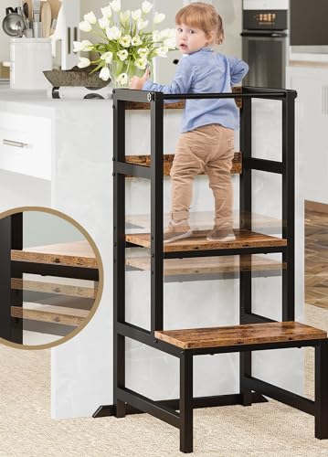 INNOD Kitchen Step Stool for Toddlers, Height Adjustable Toddler Tower with Safety Rail, Steel and Wood Toddler Kitchen Stool Helper Kids, Kitchen Stool for Kids, Learning Tower, Toddler Stool Brown