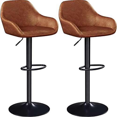Yaheetech Vintage Bar Stools Set of 2 Modern Counter Height Barstools Vintage Pub Kitchen Swivel Leather Bar Chair with Backrest and Footrest, Retro Brown(2pcs Package 1)
