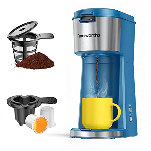 Famiworths Single Serve Brewer for K Cup & Ground Coffee, One Cup Coffee Maker, 6 to 14 oz. Brew Sizes, Easy to Operate Single, Blue