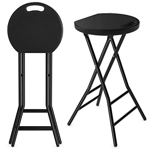 5Rcom Folding Stool,2 Pack 24 inch Tall Folding Bar Stool with Handle, Metal and Plastic Foldable Stool for Adults with Steel Frame Legs, 550lbs Capacity, Black