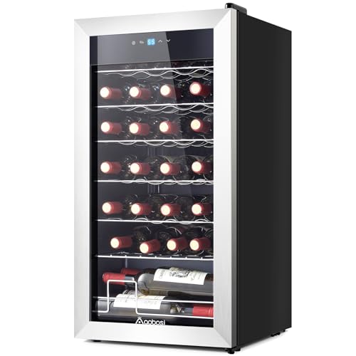 AAOBOSI Wine Fridge, 28 Bottle Wine Cooler 46-66℉ Beverage Wine Refrigerator, Glass Door Free Standing Mini Wine Cellar Aging Red,White, Champagne, Sparkling Wine for Bar, Home, Condo with Adjust Temp
