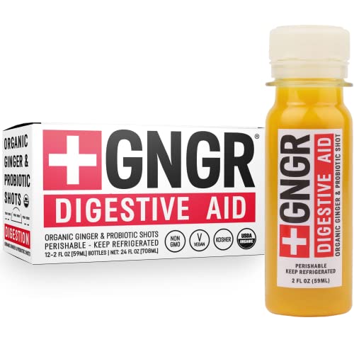 +GNGR Digestive Aid Organic Ginger Wellness Shots - Premium Ginger Shots for All Natural Digestive Support - Cold Pressed Ginger Juice with Probiotics - Bloating Relief (2 Oz, Pack of 12)