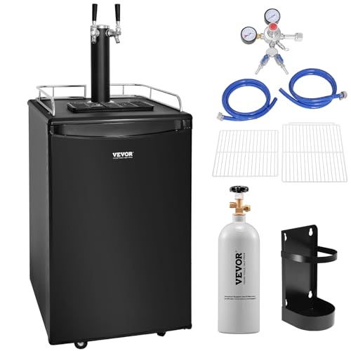 VEVOR Beer Kegerator, Dual Tap Draft Beer Dispenser, Full Size Keg Refrigerator With Shelves, CO2 Cylinder, Drip Tray & Rail, 32°F- 50°F Temperature Control, Holds 1/6, 1/4, 1/2 Barrels, 152L,Black