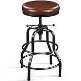 Yaheetech Industrial Bar Stool Vintage Counter Height Stool with Round Faux Leather Seat Metal Stool Adjustable Kitchen Stool 21.5-28 Inch Tall Brown, 1PCS