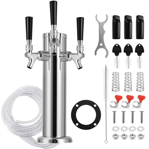 Hilangsan 3 Taps Beer Tower Kegerator Tower Keg Tower Stainless Steel Beer Tower Dispenser Beer Tap Faucet Kegerator Parts Beer Tap Tower Kegerator Tap Kit with Spring Pre-installed Beer Lines
