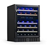 NewAir 24" Wine Cooler, 46 Bottle Dual Zone Wine Refrigerator, Built-in Small Wine Fridge, Black Stainless Steel Mini Fridge with Reversible Door and Lock, for Home, Kitchen Cabinet, Bar Cabinet