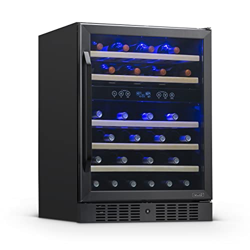 NewAir 24" Wine Cooler, 46 Bottle Dual Zone Wine Refrigerator, Built-in Small Wine Fridge, Black Stainless Steel Mini Fridge with Reversible Door and Lock, for Home, Kitchen Cabinet, Bar Cabinet
