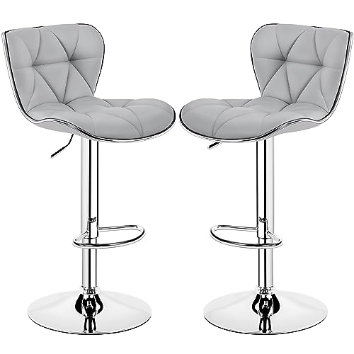 Yaheetech bar stools Set of 2 Adjustable Bar Stools PU Leather Swivel Bar Stools with Shell Back Black Pub Chairs Counter Height for Home Kitchen, Light Grey