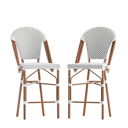Flash Furniture Lourdes Commercial Grade French Bistro Counter Height Stool, Stackable Indoor/Outdoor Dining Stool, 26" High, White/Gray and Bamboo Finish, Set of 2
