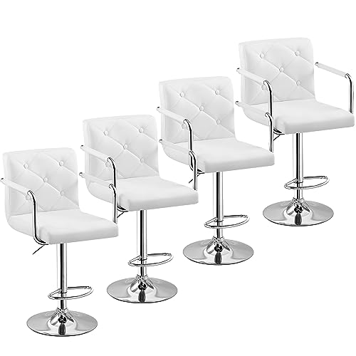 VECELO Bar Stools, Adjustable Bar Stools Set of 4, Counter Height Barstool with Back and Arms, Swivel PU Leather Bar Stool for Kitchen/Island, White
