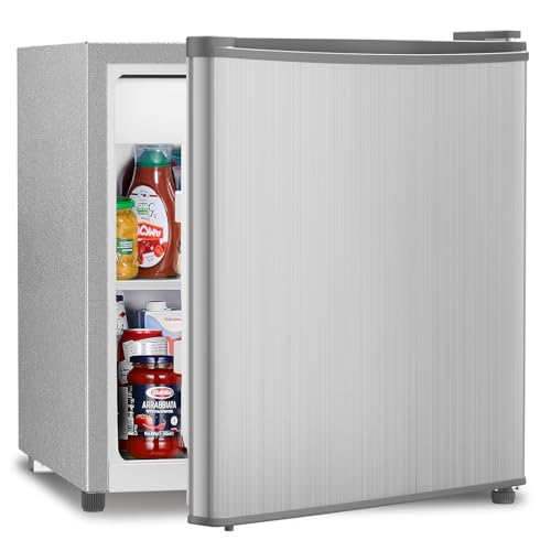 Antarctic Star Compact Refrigerator Mini Fridge with Freezer, Single Reversible Door, Dorm Fridge, Removable Glass Shelf, Defrost Button, for Bedroom, Office, Garage, 1.4 Cu. Ft, Silver