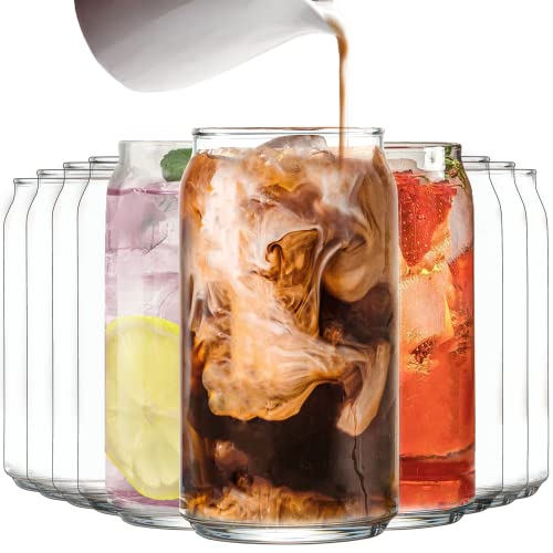 Le'raze Drinking Glasses Set of 10 - Can Shaped Mint Julep Glass Cups, 16oz Iced Tea Ice Coffee Glasses, Tumbler Cup, Clear Cocktail Whiskey Soda Water Beer Glasses