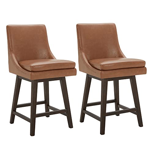CHITA Counter Height Swivel Barstool with Back Set of 2, FSC Certified Upholstered Faux Leather Swivel Bar Stool, 26.8" H Seat Height, PU Leather in Retro Brown