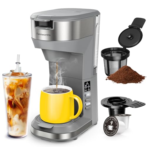 Famiworths Hot and Iced Coffee Maker for K Cups and Ground Coffee, 4-5 Cups Coffee Maker and Single-serve Brewers, with 30Oz Removable Water Reservoir, 6 to 24oz Cup Size, Gray